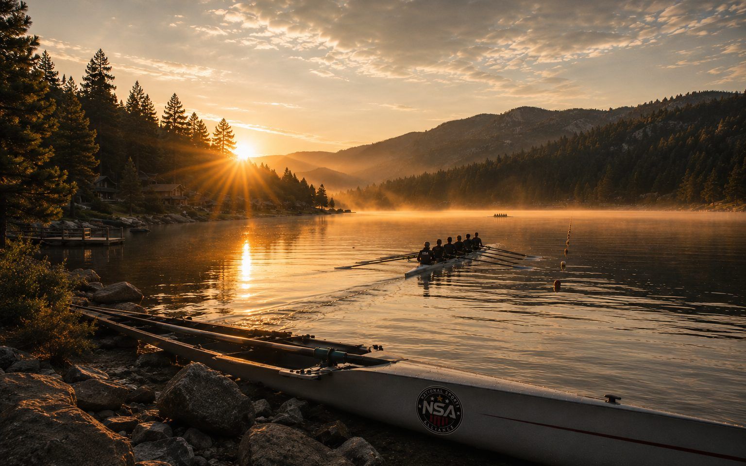 An eight-oar crew rowing across Big Bear Lake at sunrise, mist rising off the water beneath pine ridgelines, with a National Sports Alliance racing shell on the shore.